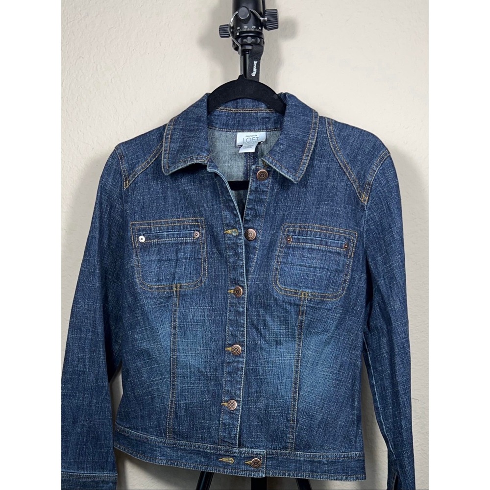 New Ann Taylor Loft Petite Denim Jacket Women Size 10P Blue Stretch Button Down